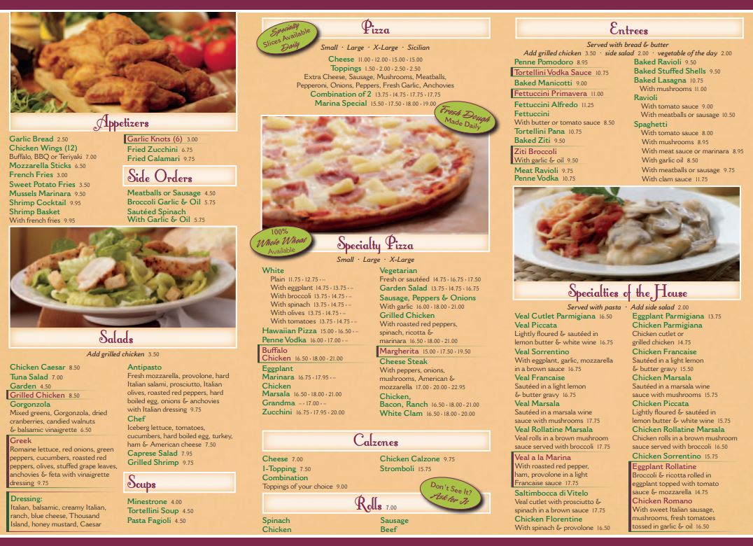 Authentic pizza menu Harriman, NY Marina Restaurant & Pizza