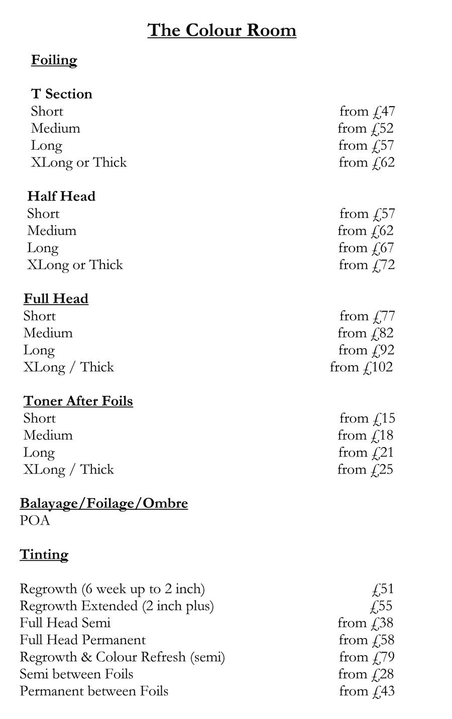 Styling price list Bespoke Hairdressing and MediSpa