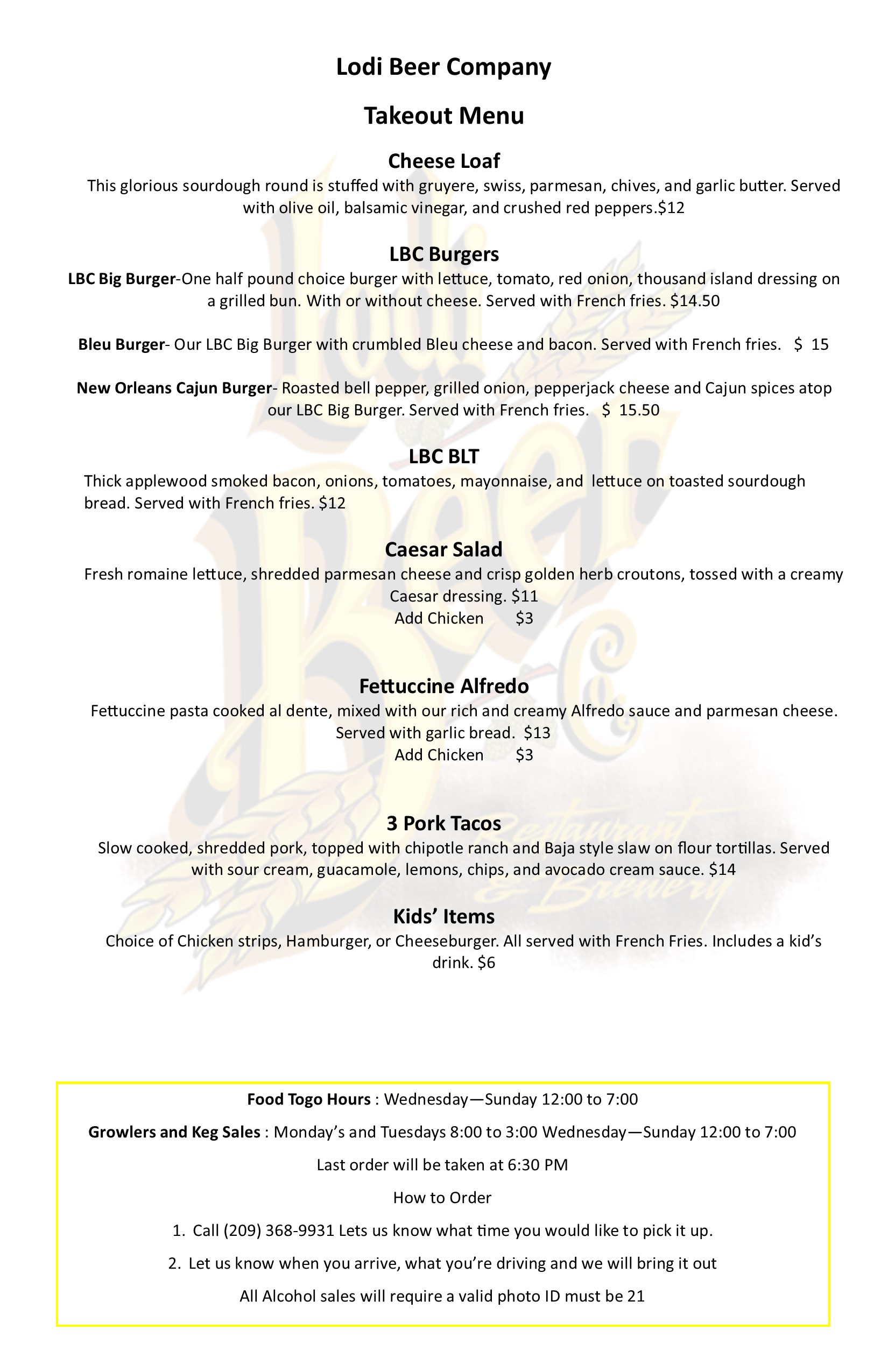 Lodi Beer Co. Full Menu Salads, Sandwiches, Burgers, Pizzas, & more