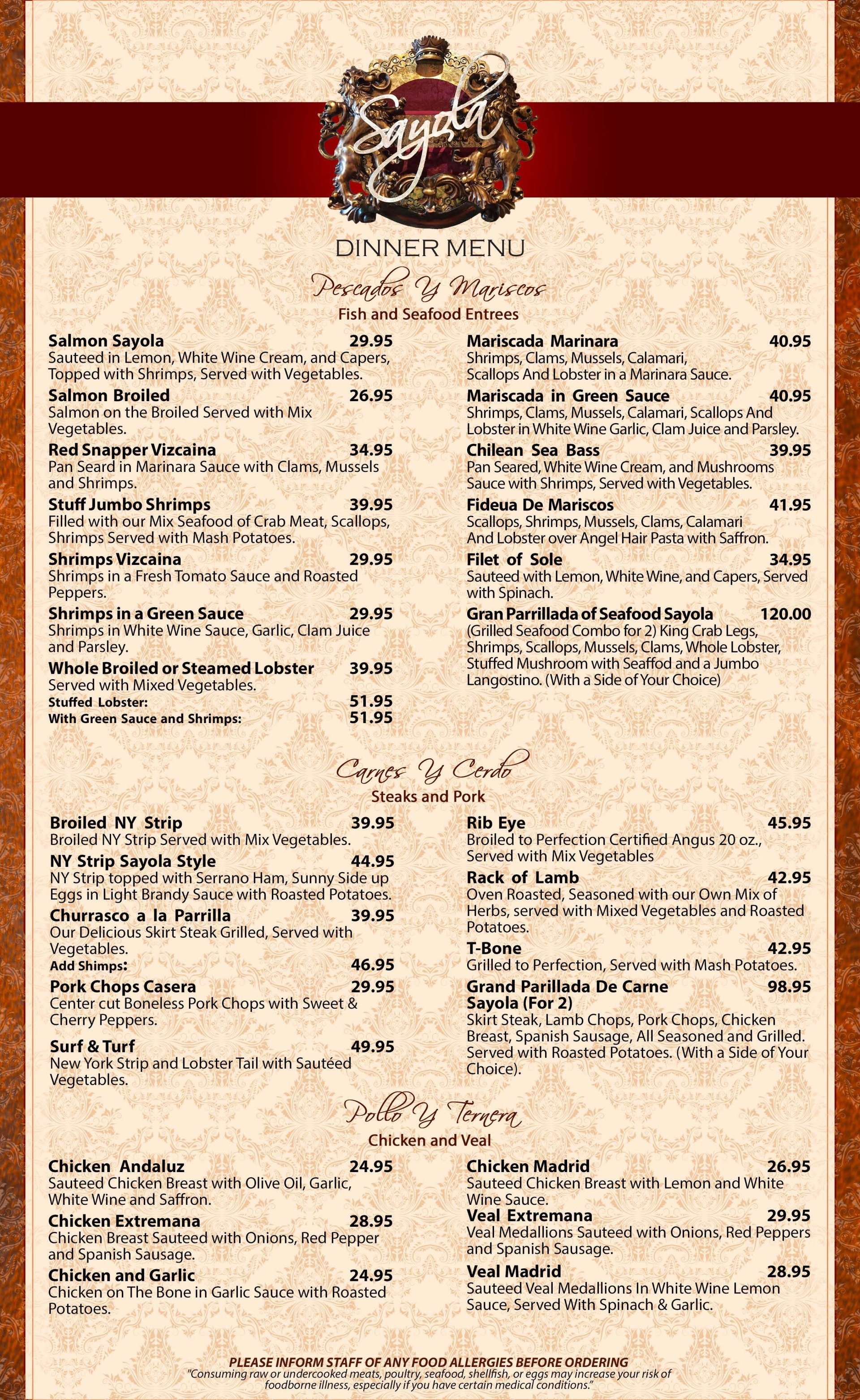 Dinner Menu Sayola Retaurant New Jersey