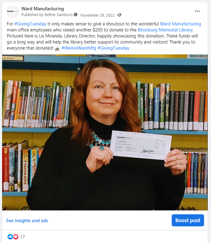 Blossburg Memorial Library Receives 200 from Ward Manufacturing