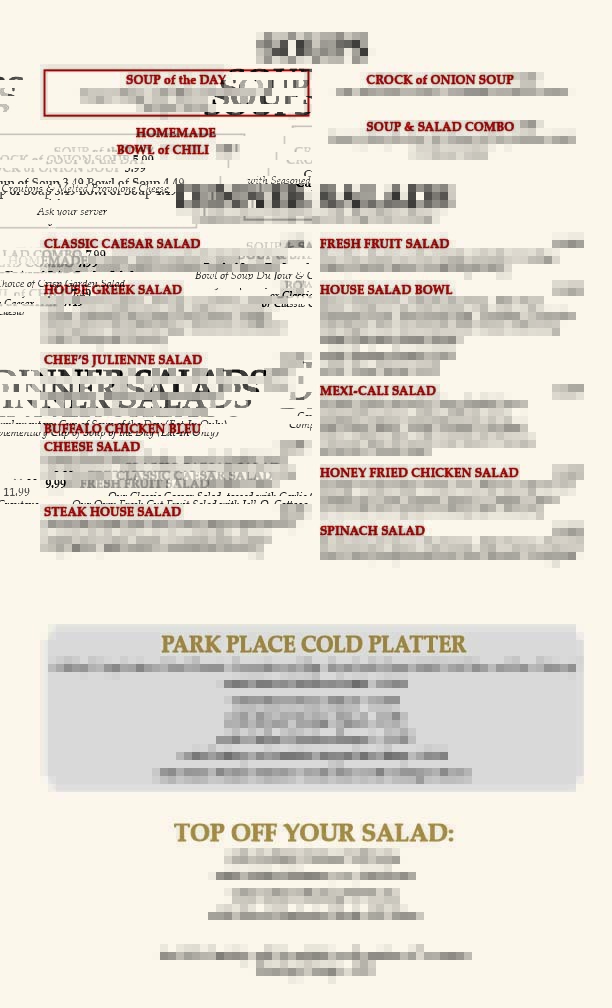 Soup & Salad Menu Park Place Diner