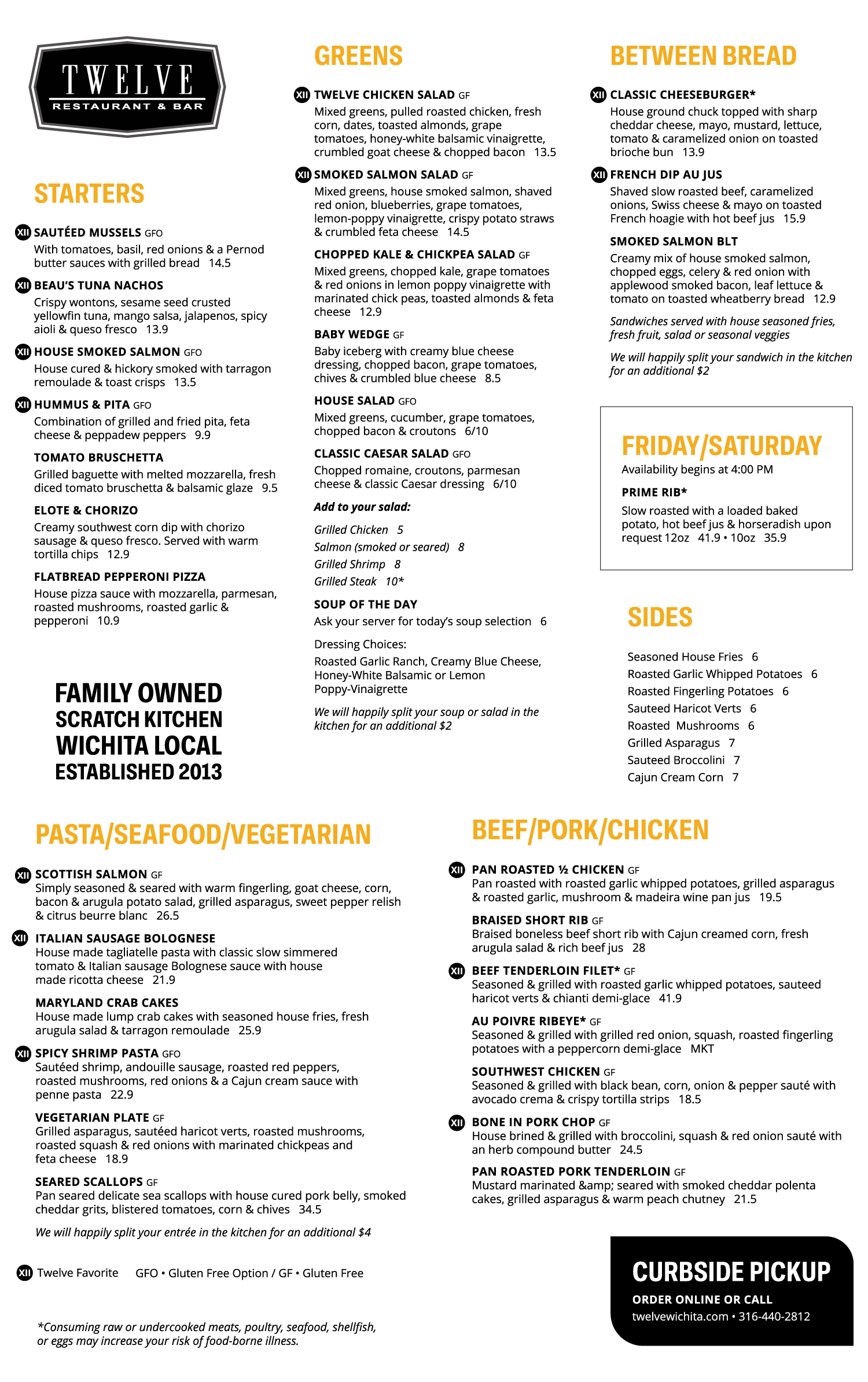 Menu Twelve Restaurant & Bar