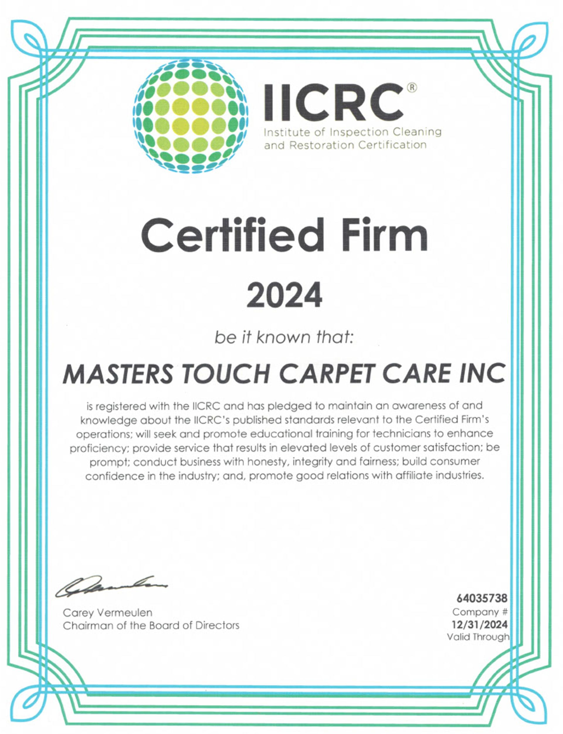 Certifications Masters Touch Carpet Care Fresno CA