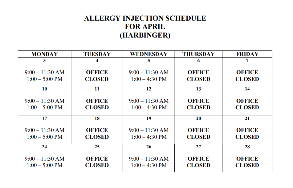 Allergy Shot Schedule Elizabeth, NC