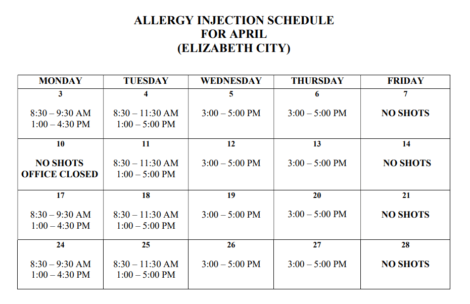 Allergy Shot Schedule Elizabeth, NC