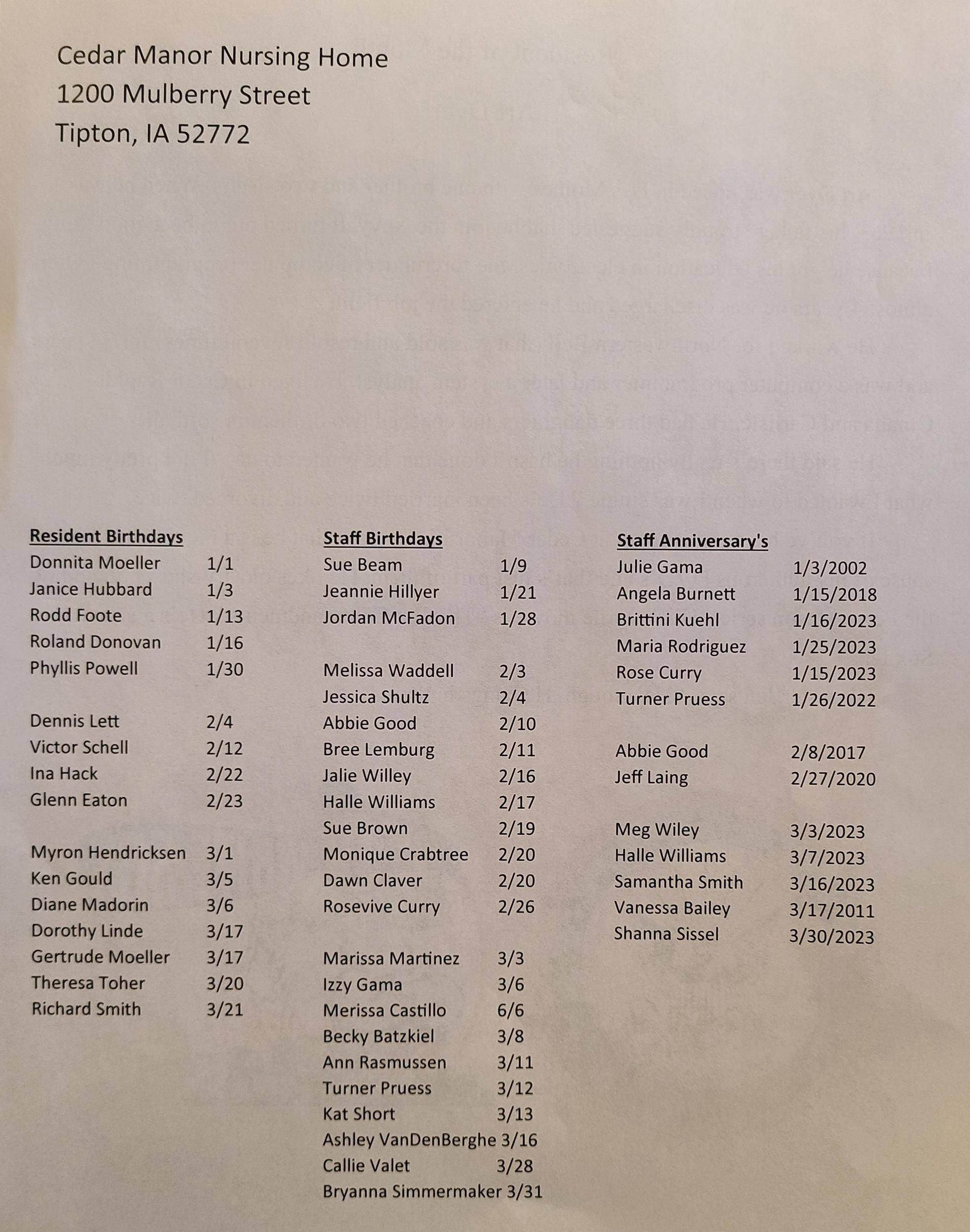 Fun & Adventures Tipton, IA Cedar Manor Nursing Home