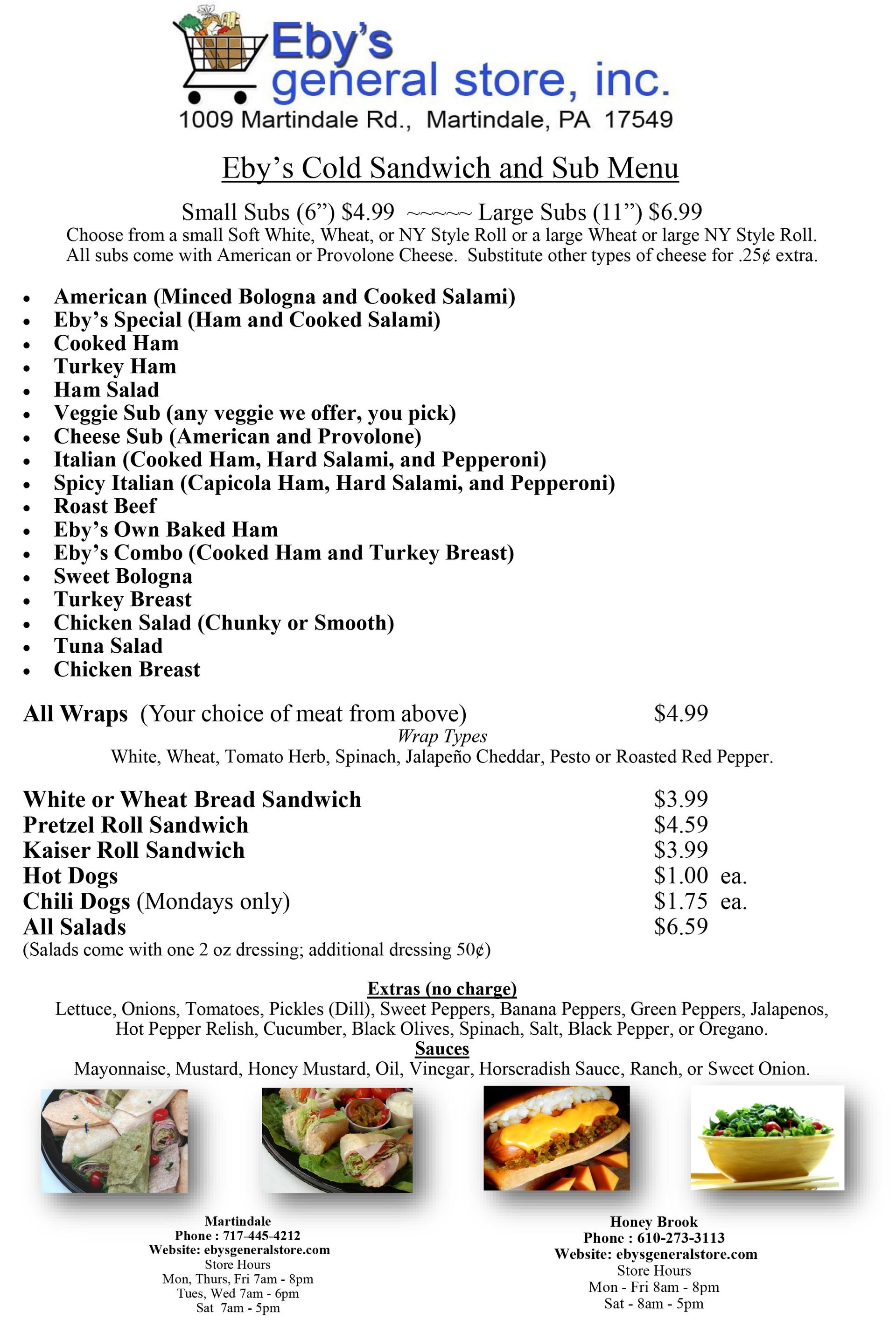 Hot & Cold Lunch Menu Eby's General Store