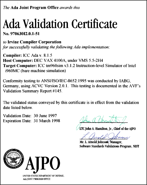 Ada Validation Certificate