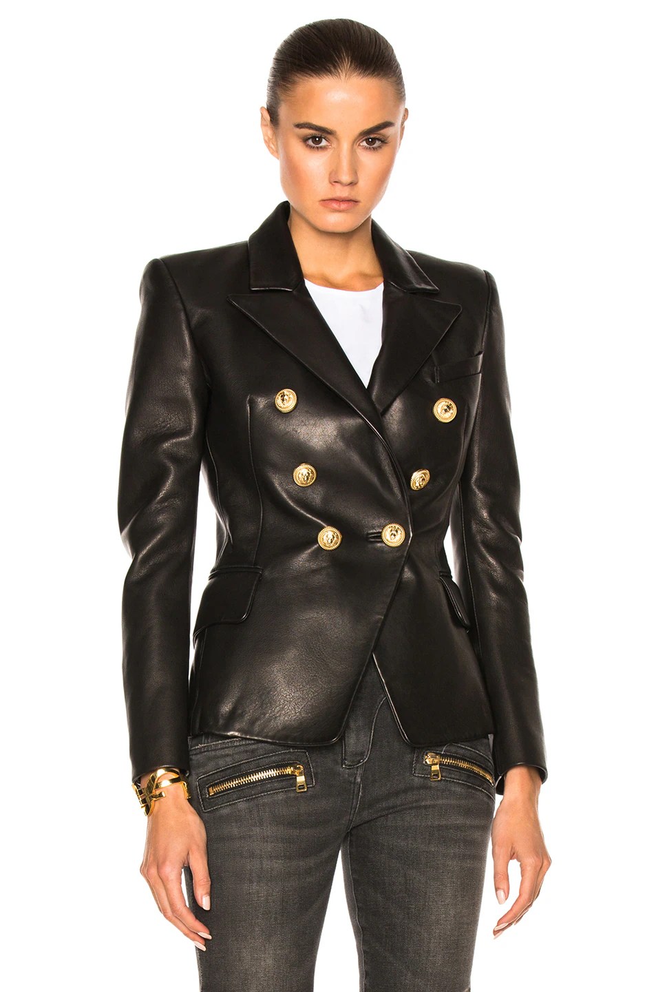 BALMAIN Double Breasted Leather Blazer in Black FWRD