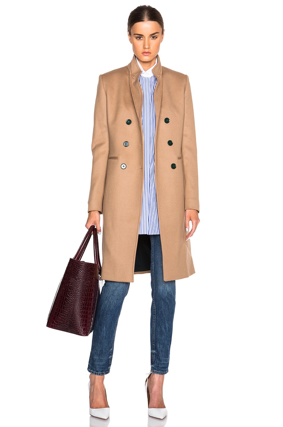 Victoria Beckham Wool Twill Double Breasted Coat in Camel FWRD