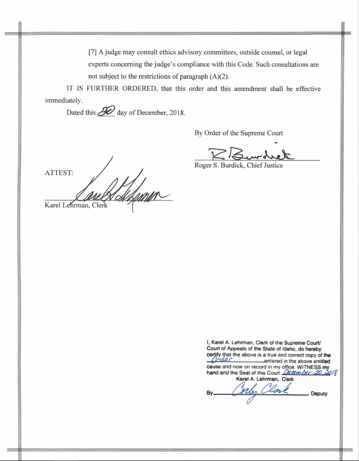 Order Amending Idaho Code of Judicial Conduct State Bar