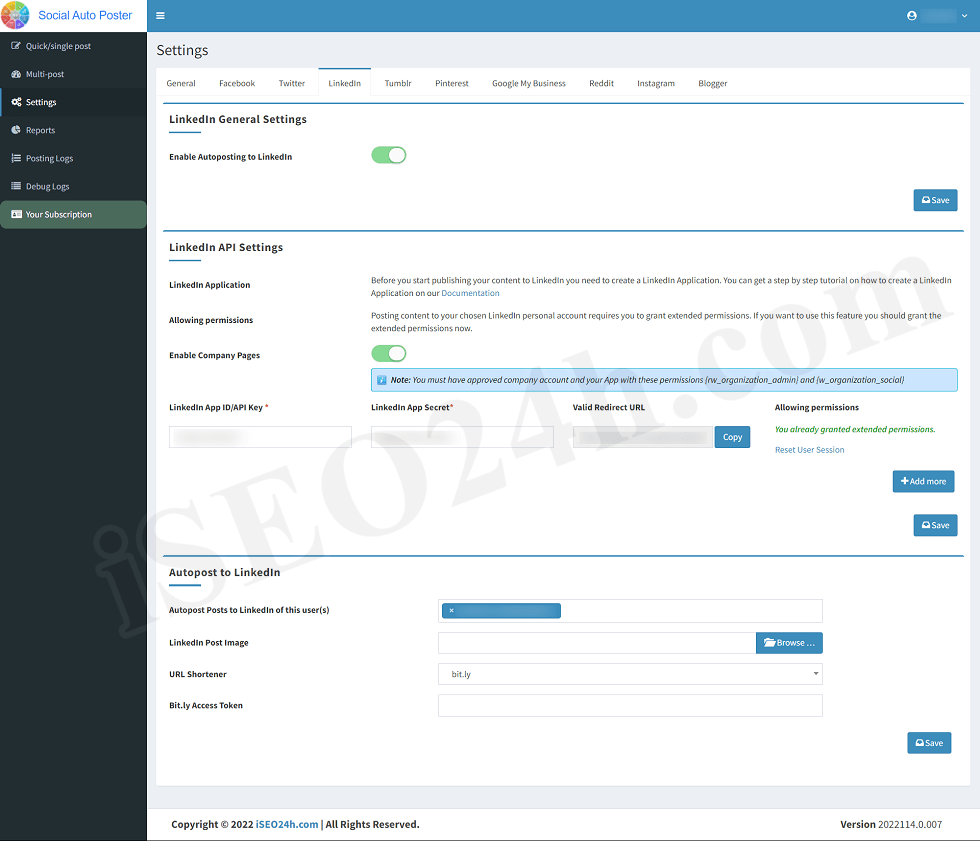 LinkedIn General Settings iSEO24h SEO Toolkits