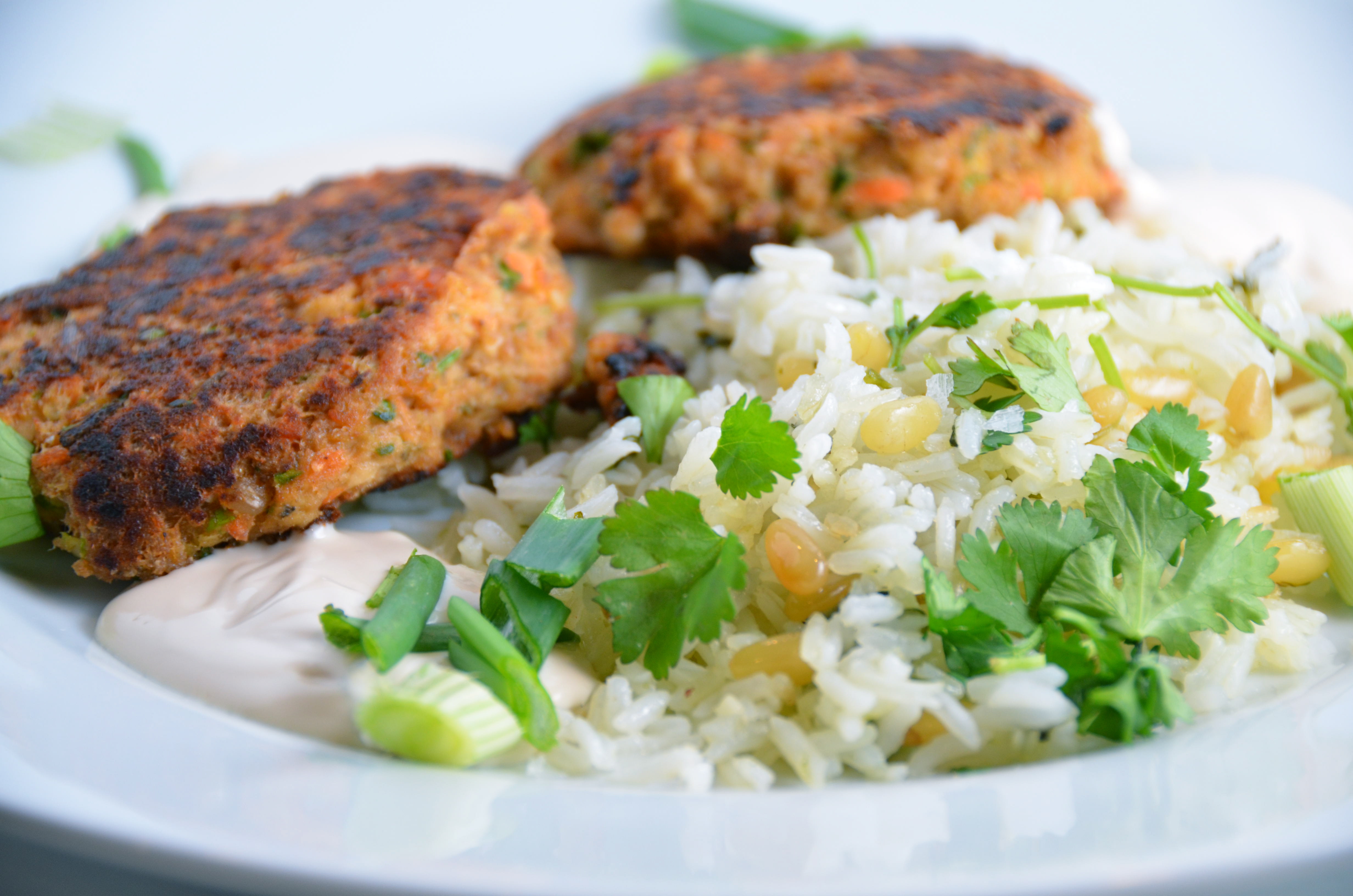 Salmon Cakes With Creamy GingerSesame Sauce And Herbed Basmati Rice. Funky Friends In The