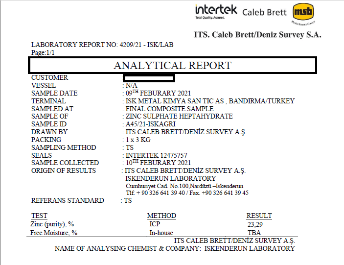 Çinko Sülfat Heptahidrat ISK METAL KIMYA