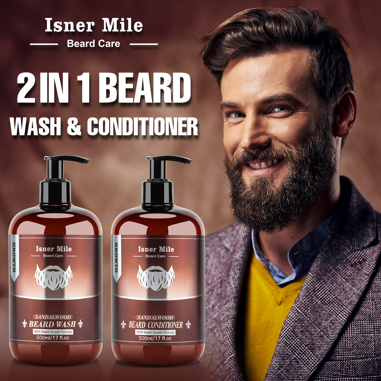 Beard Wash & Beard Conditioner Set (17oz) Sandalwood Beard Shampoo