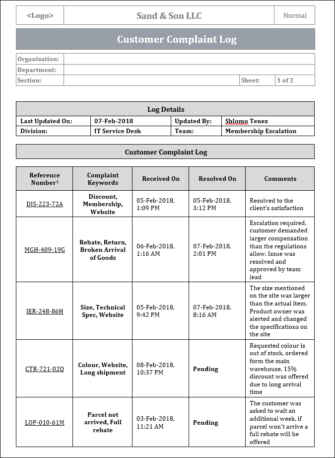 Customer Complaint Log Template ISO Templates and Documents Download