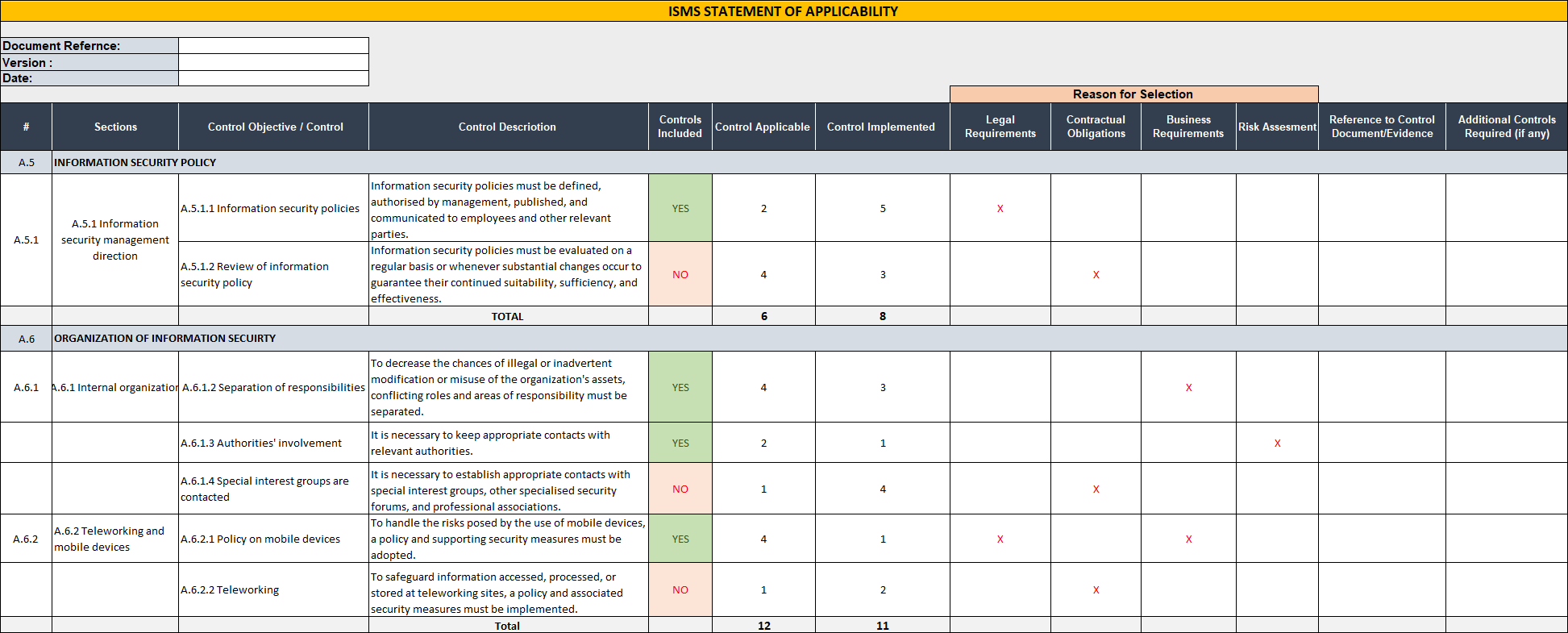 ISMS Statement of Applicability Statement of Applicability Excel Tem ISO Templates and