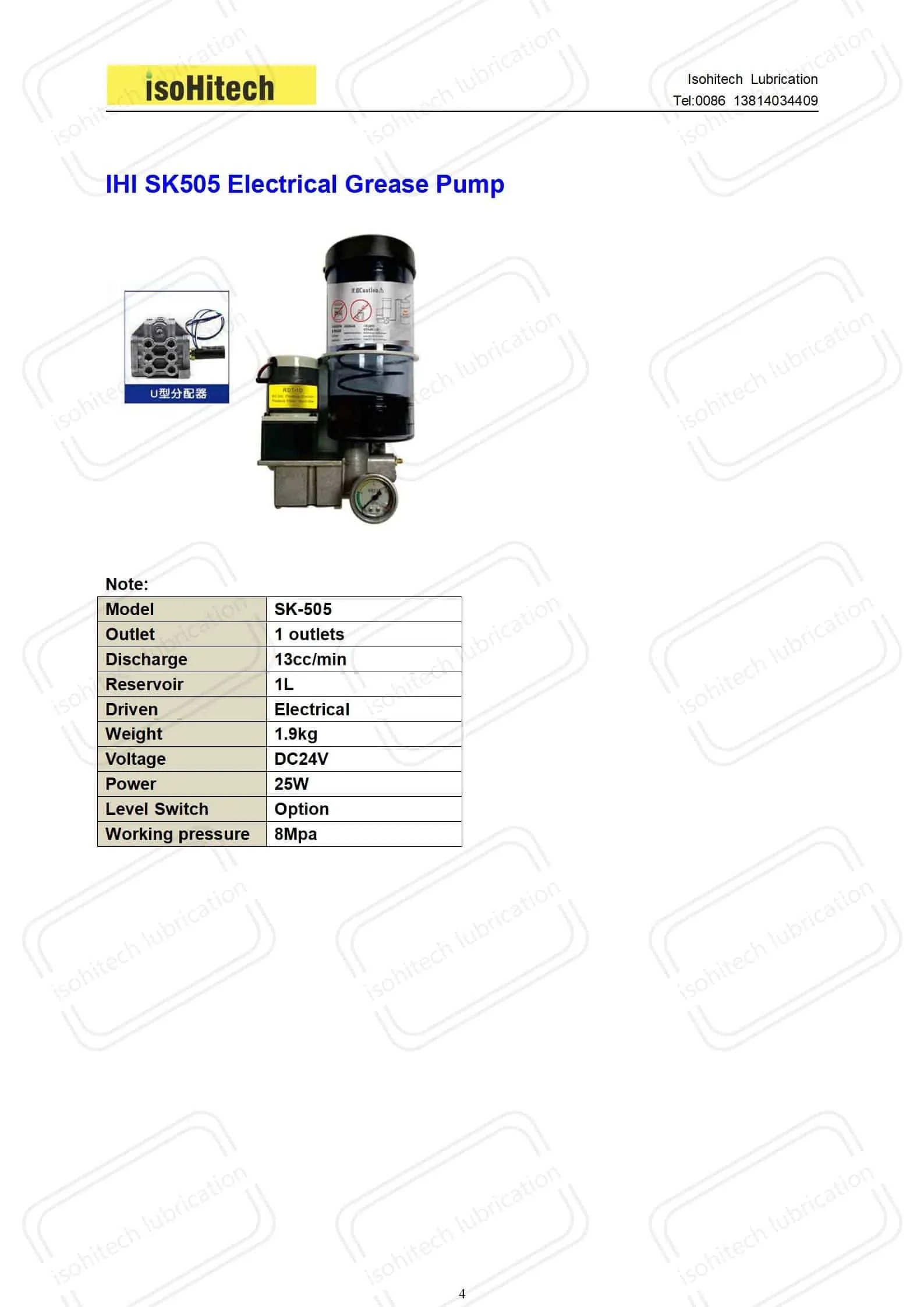 SK505 Electric Grease Pump DC24V & 8Mpa Working Pressure ISOHITECH