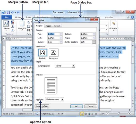 Regola i margini della pagina in Word 2010