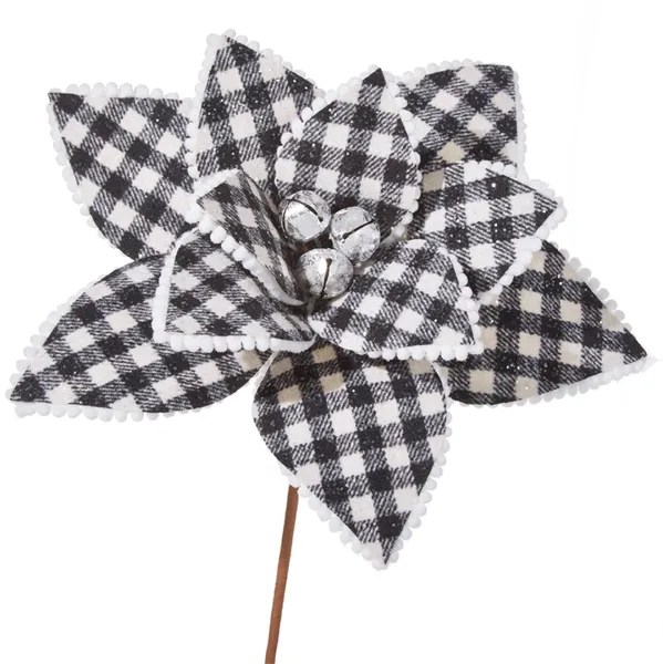 RAZ Imports 12" Black & White Buffalo Plaid Poinsettia Christmas Pick