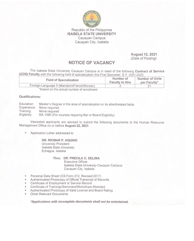Notice of Vacancy Isabela State University Cauayan Campus