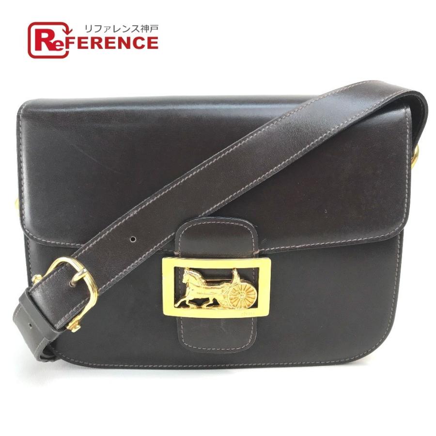 CELINE セリーヌ ヴィンテージ 馬車金具 肩掛けショルダーバッグ レザー レディース ダークブラウン×ゴールド金具 E210407