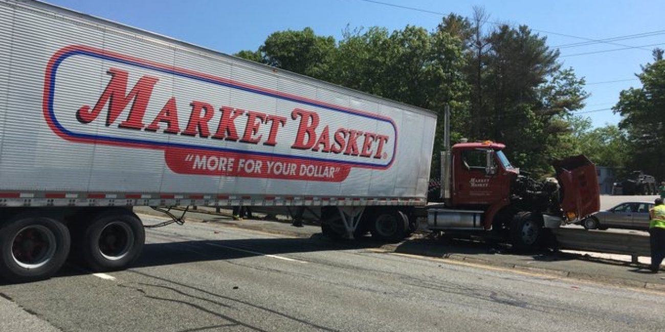 Route 1 South was temporarily closed after a Market Basket truck crashed into the guardrail