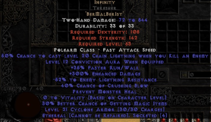 Infinity Thresher Ethereal 340 ED & 55 ELR Perfect Buy Diablo 2 Items D2 Items for Sale