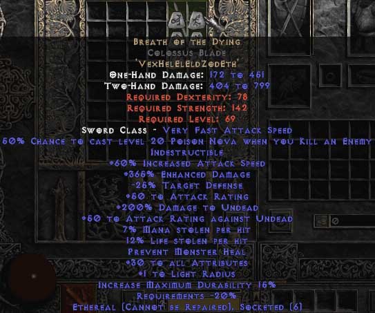 Breath of the Dying Colossus Blade Ethereal 350384 ED Buy Diablo 2 Items D2 Items for Sale