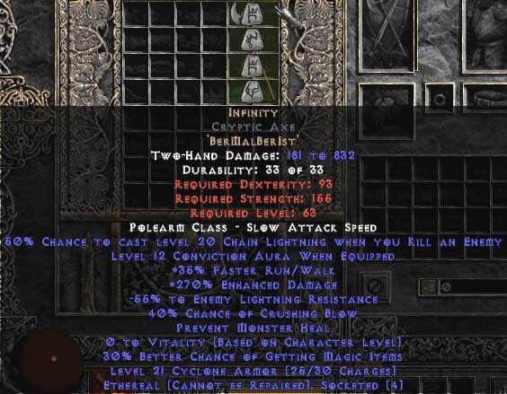 Infinity Cryptic Axe Ethereal 255309 ED & 55 ELR Buy Diablo 2 Items D2 Items for Sale