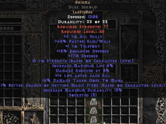 Enigma Dusk Shroud +770774 Defense Buy Diablo 2 Items D2 Items for Sale