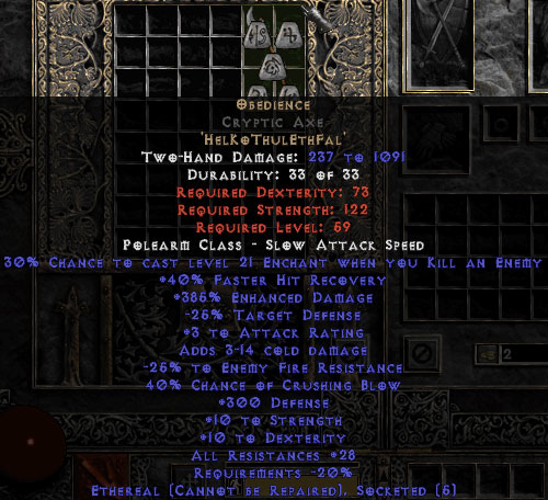 Obedience Cryptic Axe Ethereal 300 Def & 2029 Res Diablo 2 Items Store Buy D2 Items