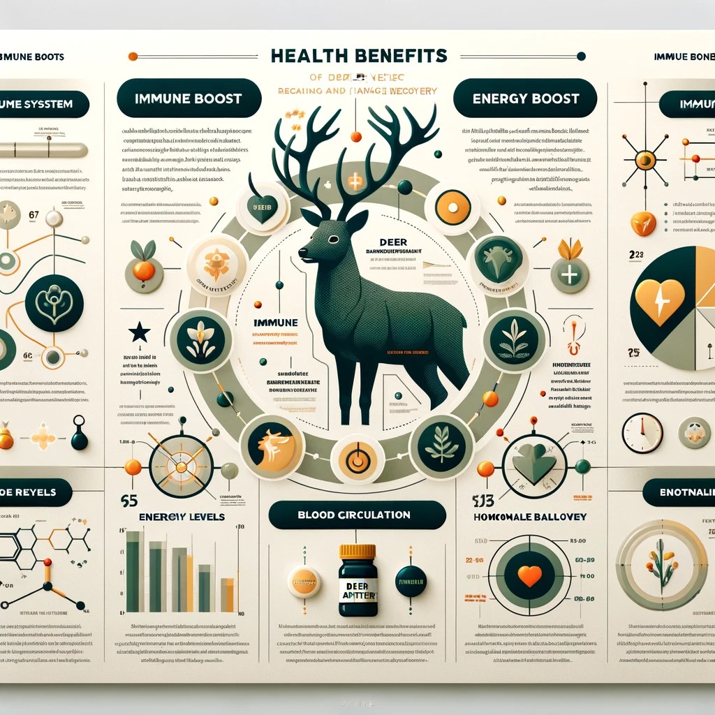 DALL%C2%B7E 2024 05 03 21.58.59 An infographic showing the health benefits of deer antler velvet including immune boost and fatigue recovery. The infographic should include icons an