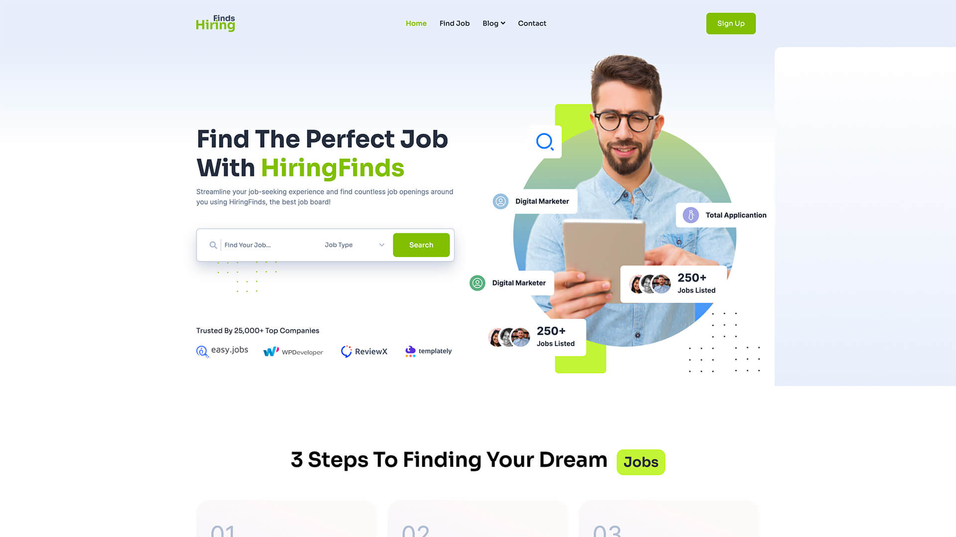 HiringFinds Job Board site For Elementor Header Section Templately