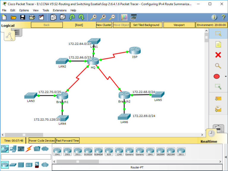 6.4.1.6 Packet Tracer Configuring IPv4 Route Summarization Scenario