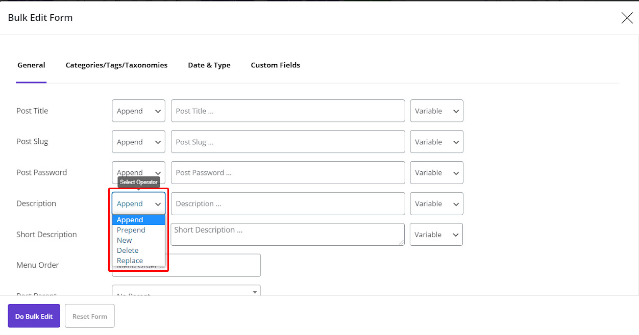 How to change multi post/custom post description at the same time