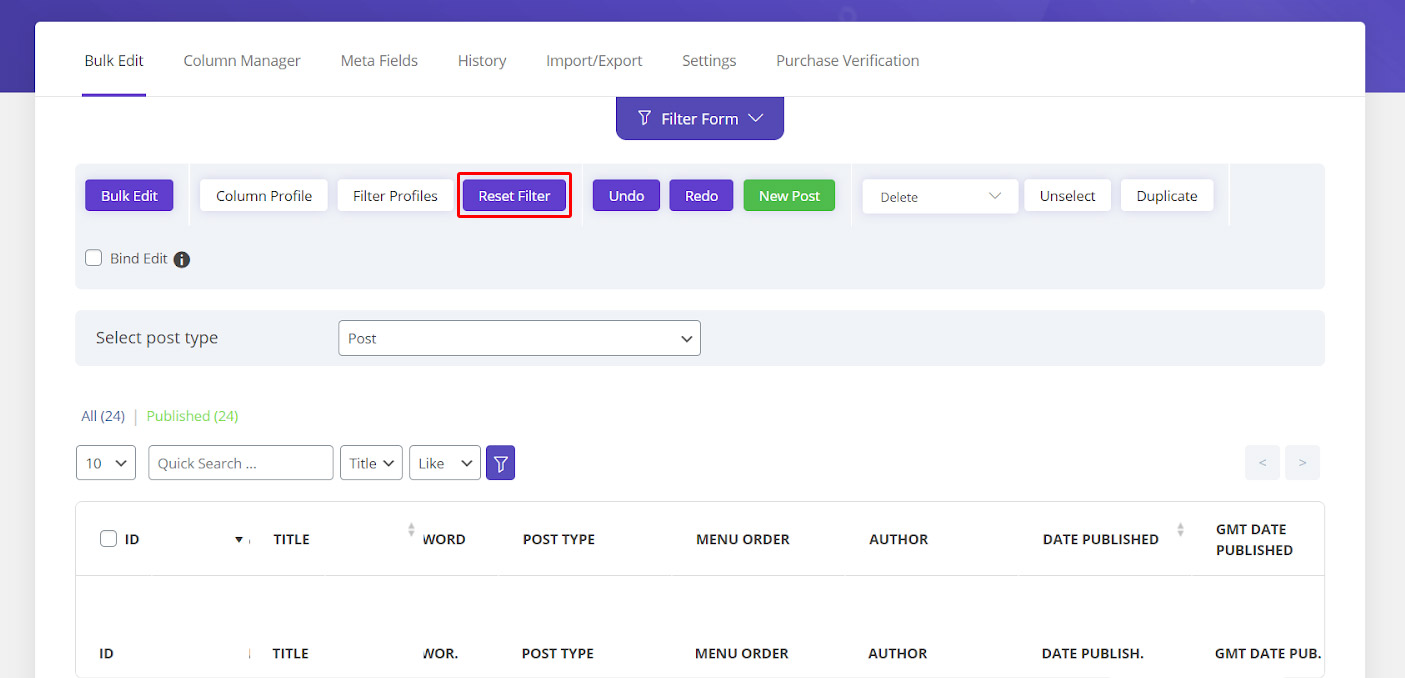 How to filter posts/custom post on WordPress bulk post editing plugin