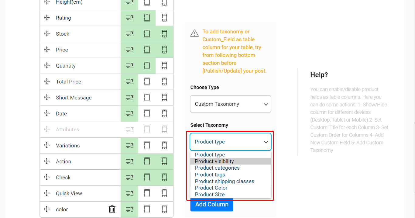 How to display product attributes in the table