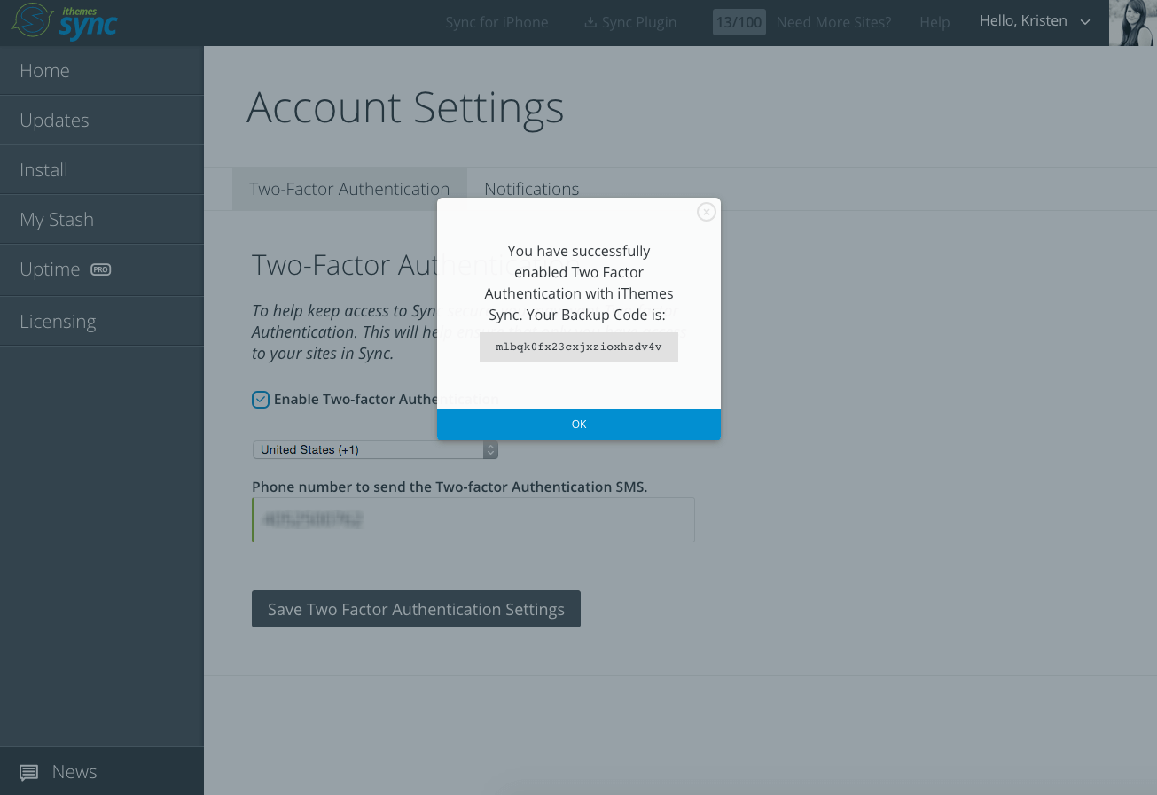 New in Sync TwoFactor Authentication Backup Codes