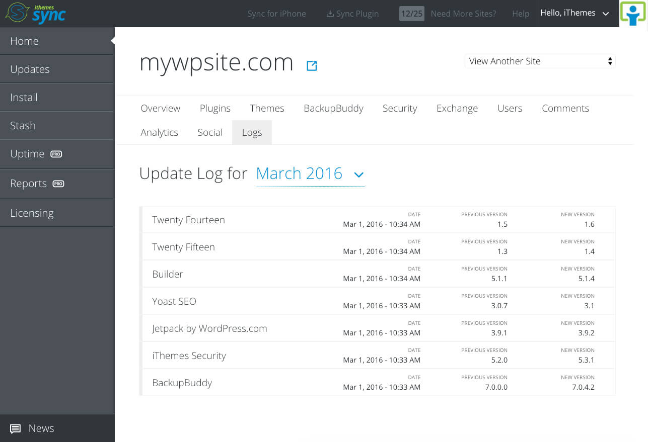 WordPress Update Log iThemes Sync