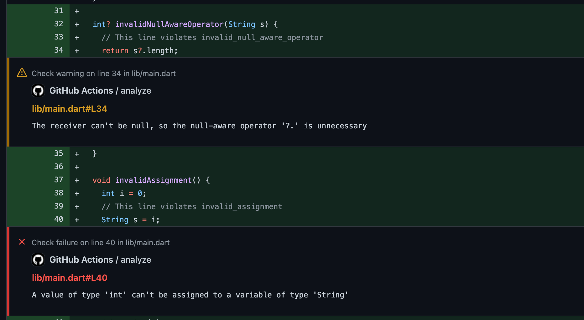 Dart analyzer の出力を GitHub のファイル上に表示する