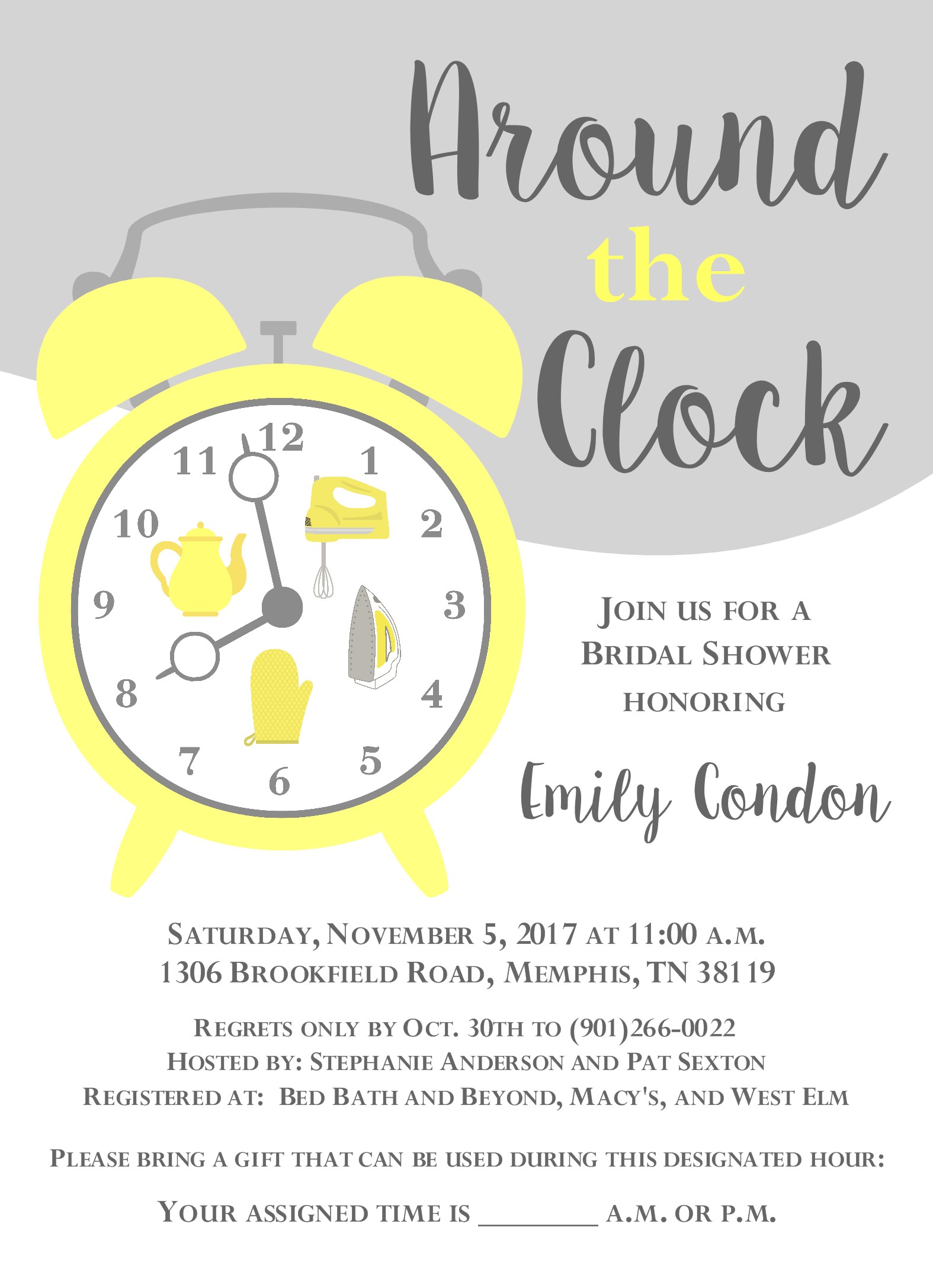 Around The Clock 2 Yellow Wedding Shower Invitation