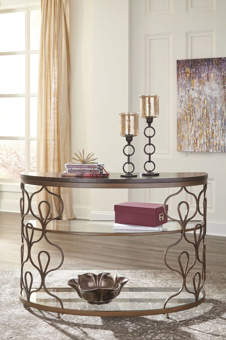 Sofa Table With Glass Top In Bronze Finish Fraloni Bronze Finish Sofa Table EZ Furniture Sales & Leasing