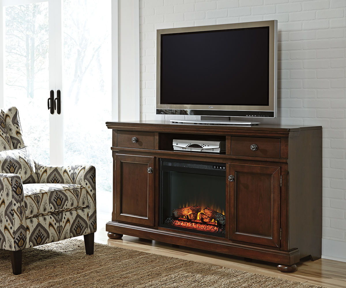 Porter Rustic Brown XL TV Stand with LED Fireplace EZ Furniture