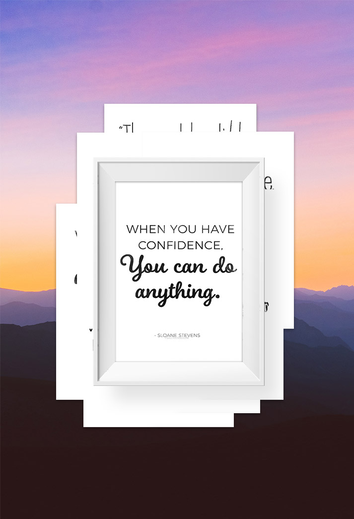 Printable confidence quotes preview over a sunset background. Showing what the freebie is.