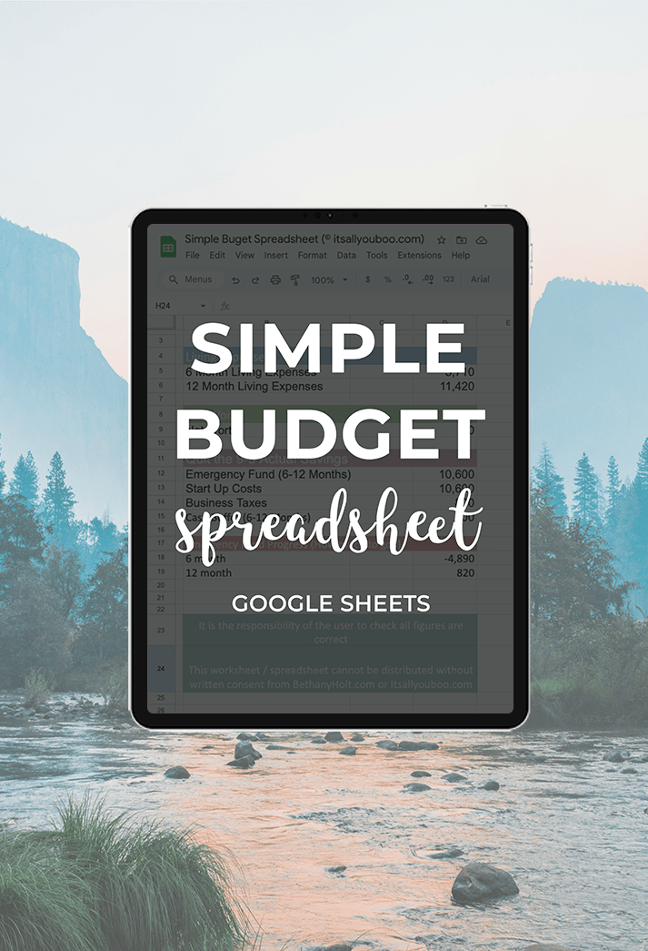 Simple Budget Spreadsheet Preview on iPad in front out nature background.