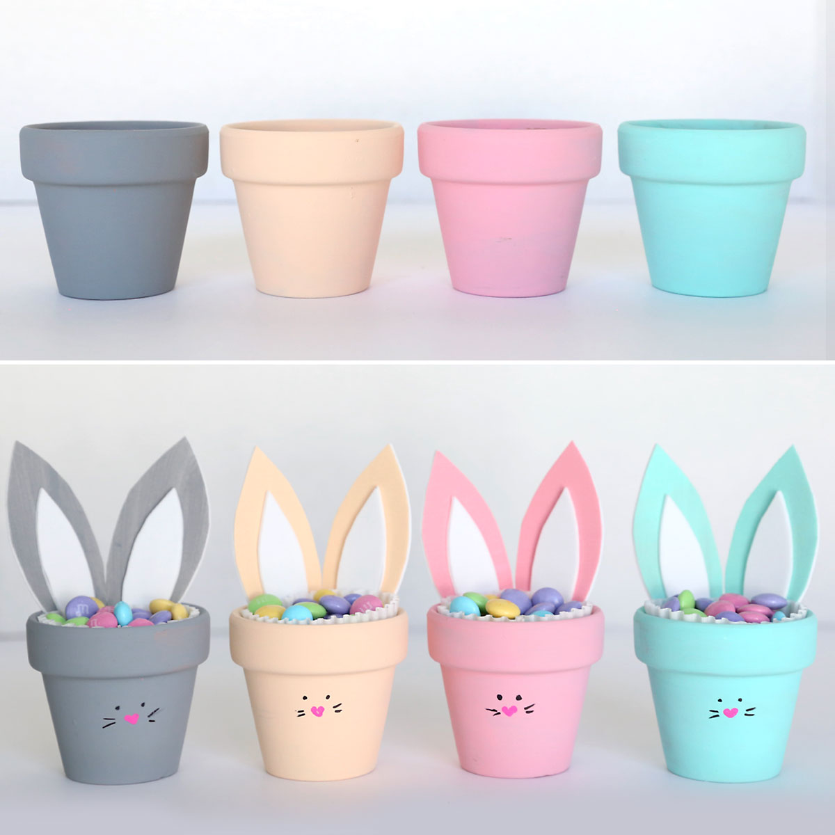 Four mini flower pots painted different colors; pots decorated as bunnies