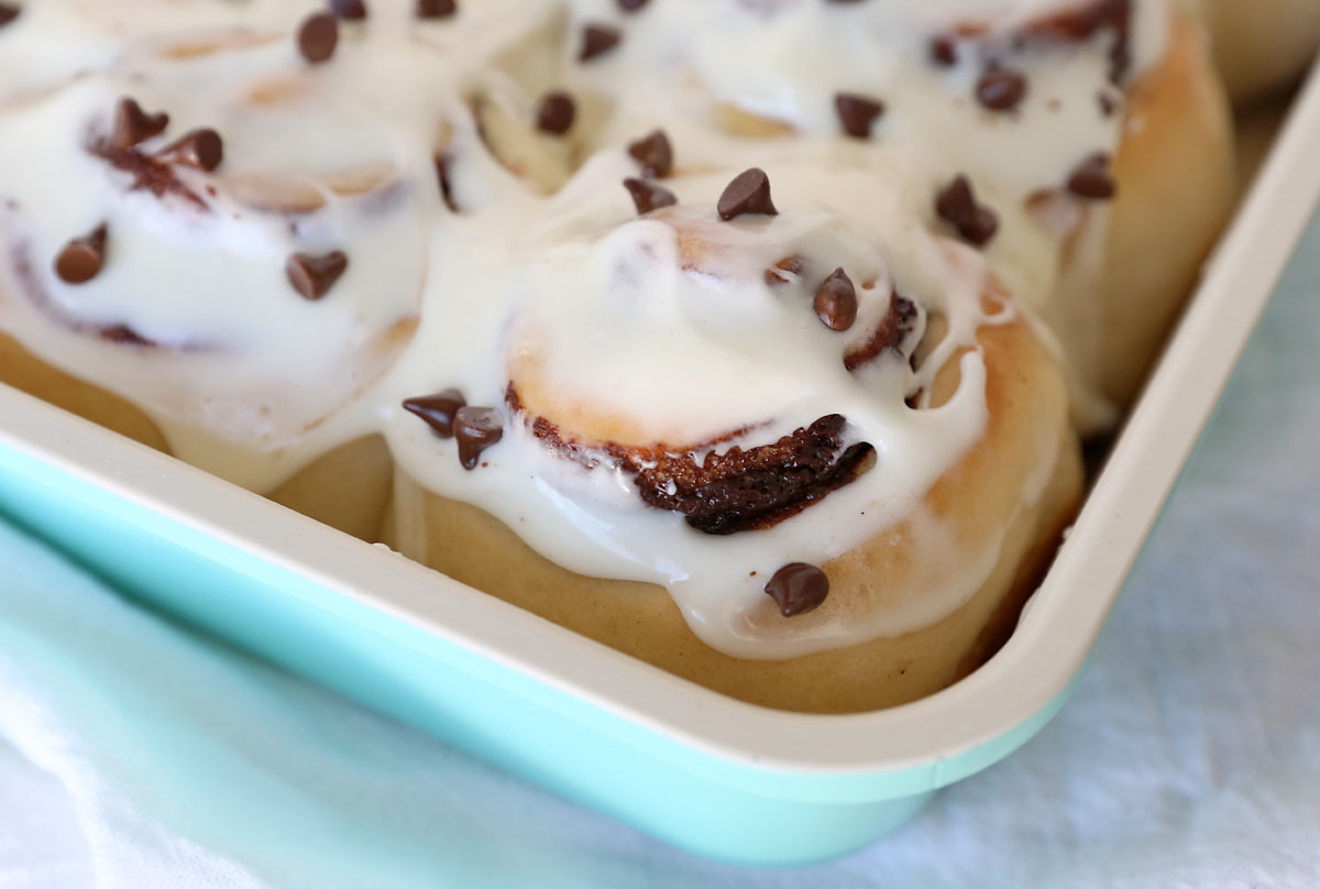 Chocolate babka rolls in a baking pan