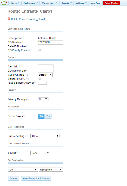 Incoming route for calls from PSTN line